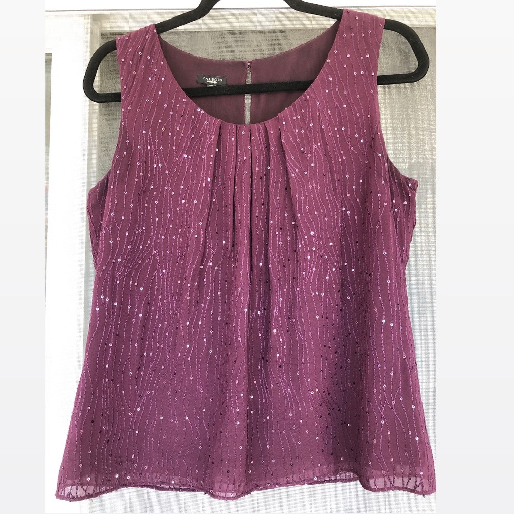 Talbots Sequined Silk Burgundy Sleeveless Top